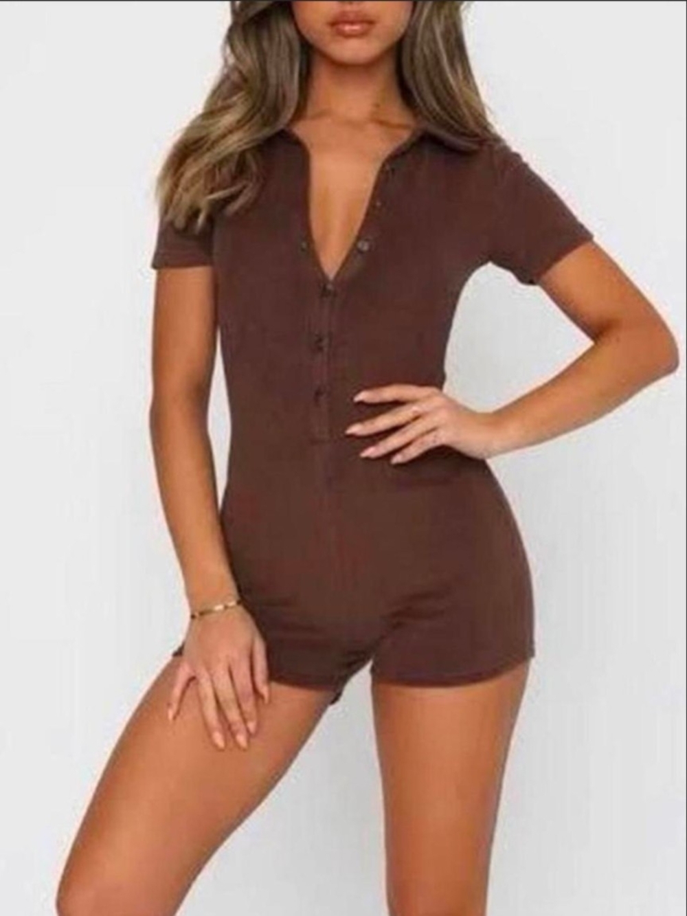White Fox Chocolate Brown Short Sleeve Button Romper